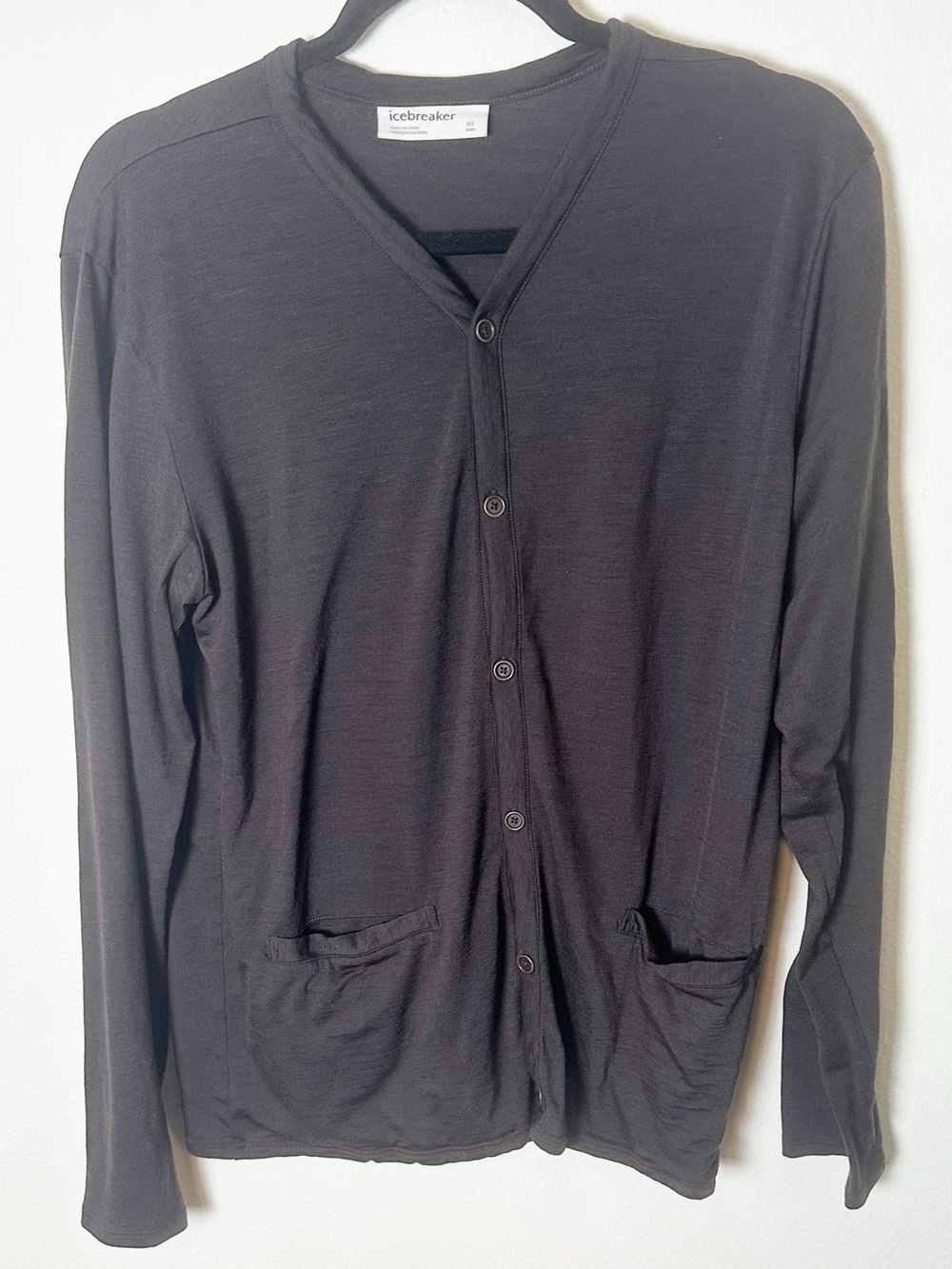 Icebreaker Men's Cool Lite Merino Wool Cardigan Ebony Dark Brown Black Medium